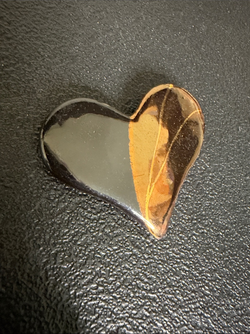 Vintage Ceramic Signed Handmade Black and Gold Heart Brooch